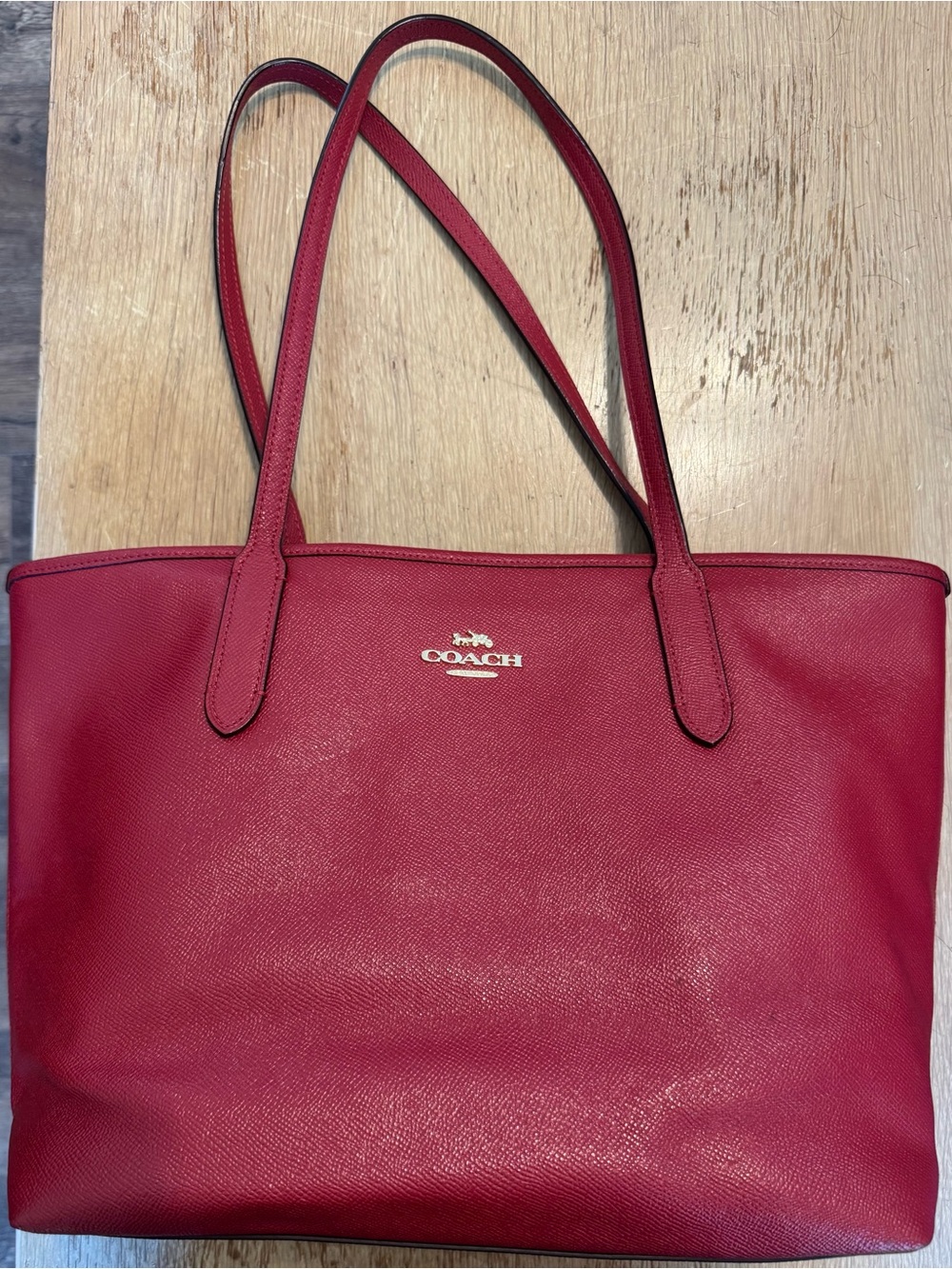 Coach Red Saffiano Leather Tote with Gold Logo